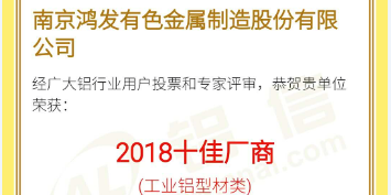 恭喜鴻發有色榮獲2018鋁行業十佳廠商！